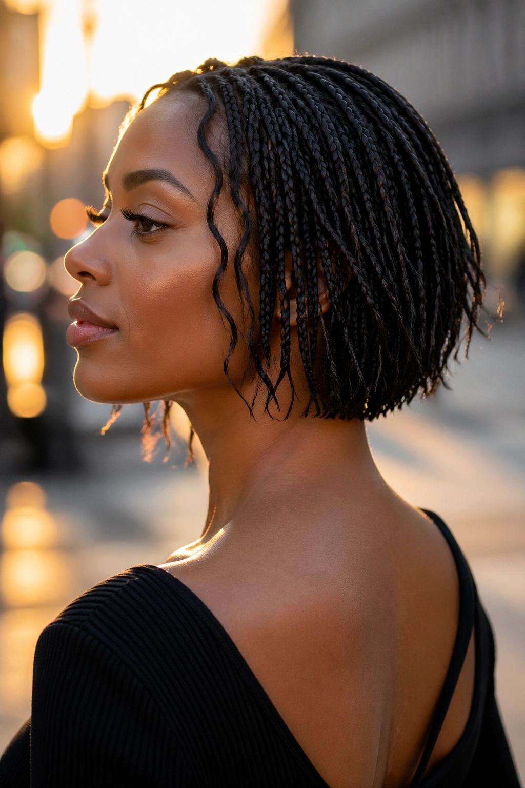 Real person with tapered nape-length knotless boho braids