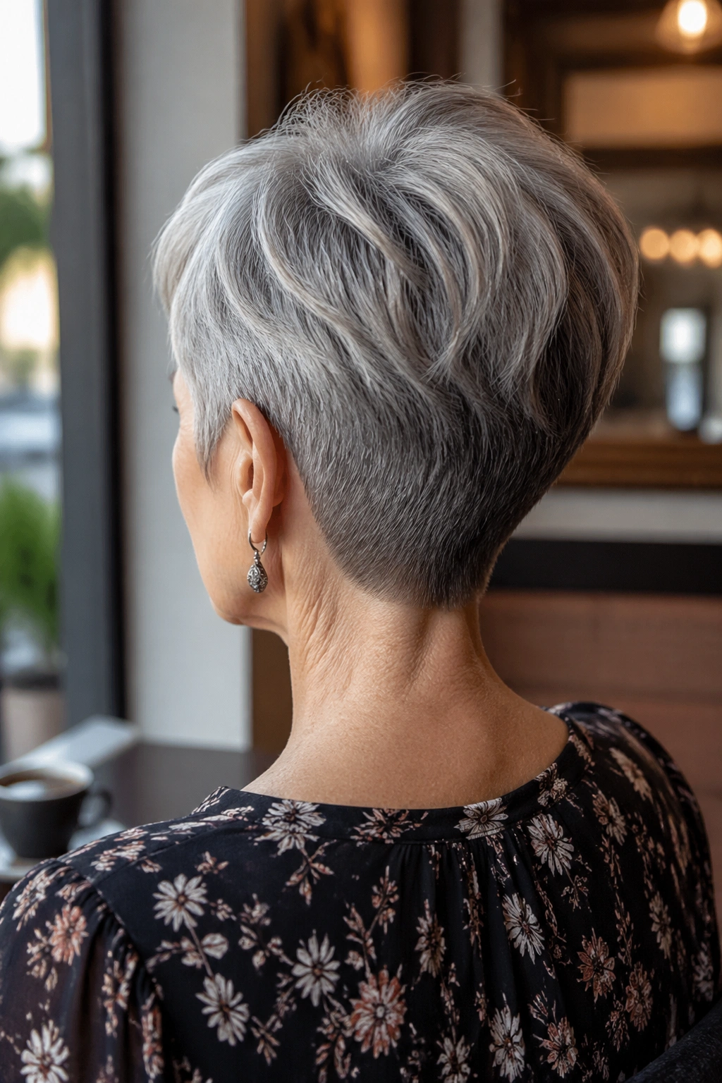 Back view portrait of a real woman with a tapered nape pixie
