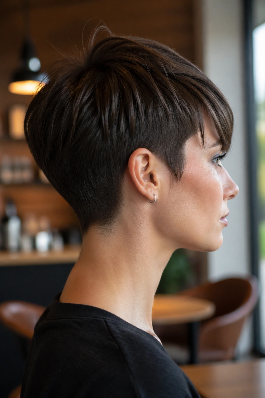 Side-profile of a real woman with a tapered nape pixie showing neat back and lifted crown.
