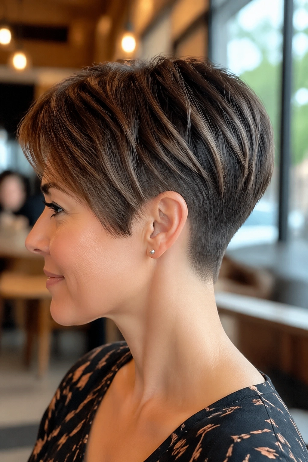 Portrait showing tapered nape pixie with clean neckline on thick hair