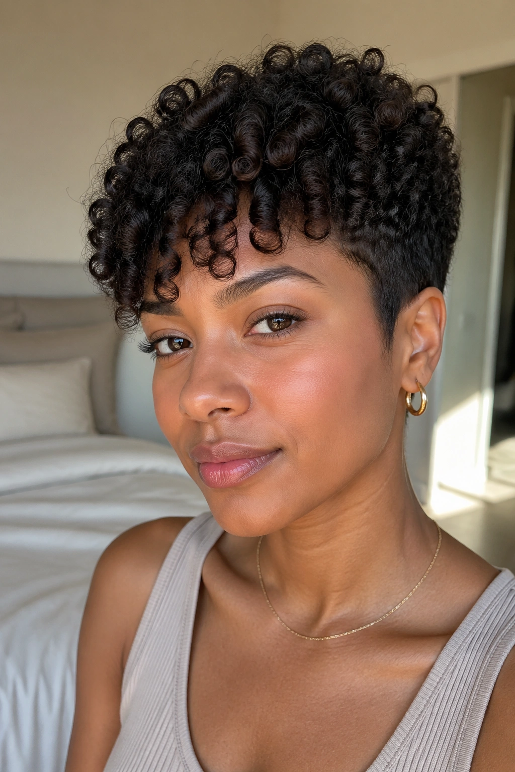 Close-up of a real woman with tapered natural cut and fringe in warm light