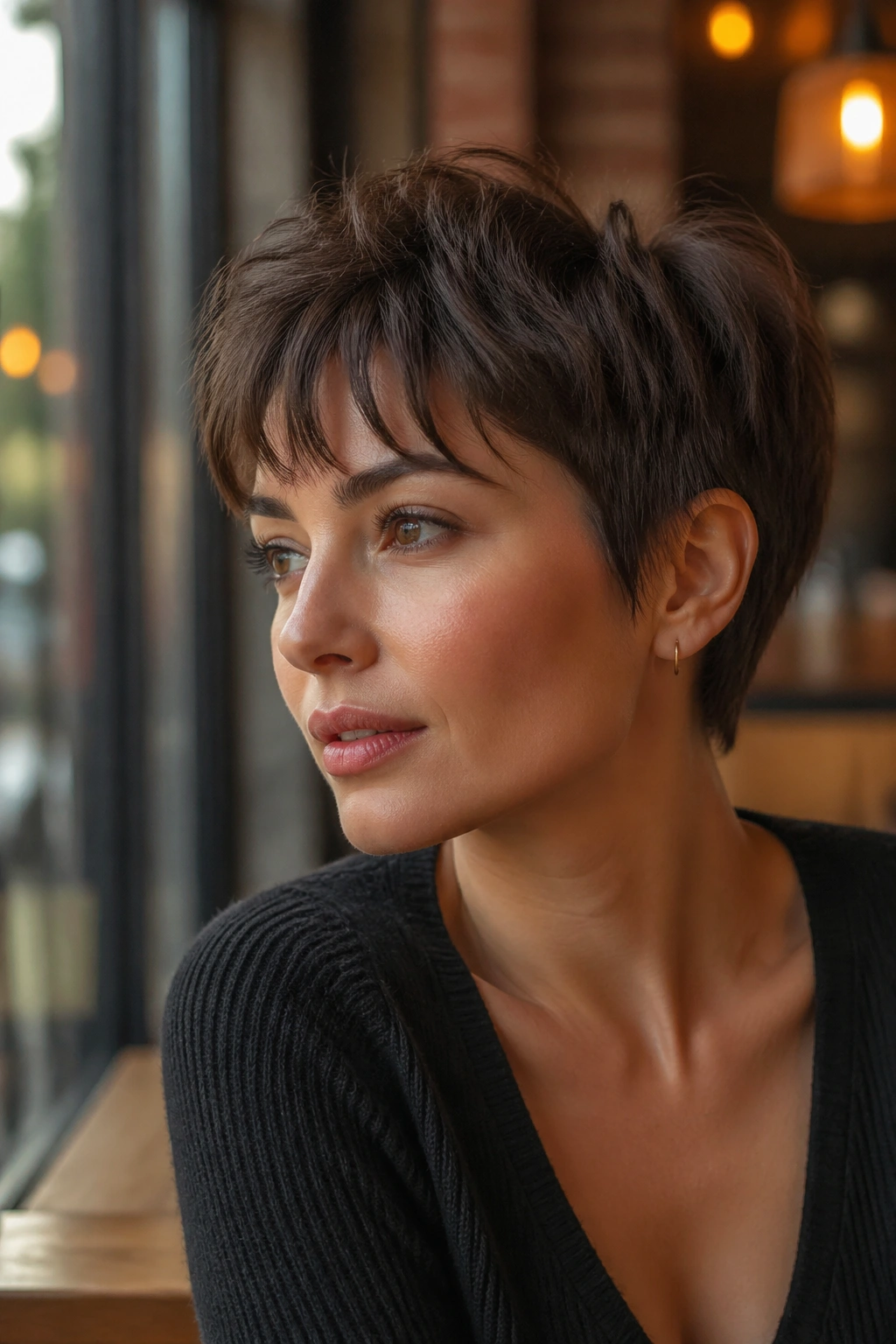 Close-up of a person with tapered pixie and wispy bangs in a cafe