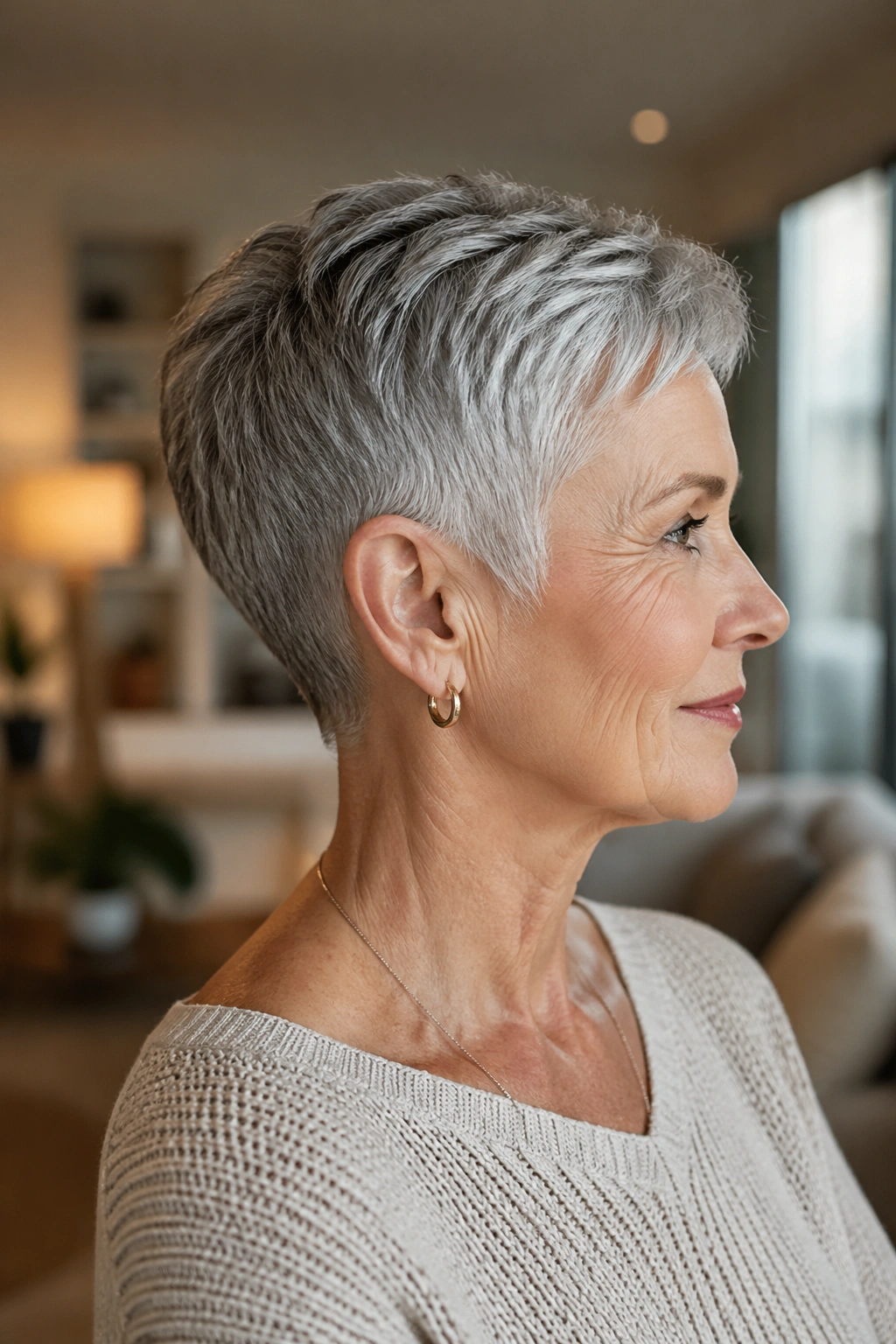 Real woman with a tapered pixie hairstyle and clean nape in warm light