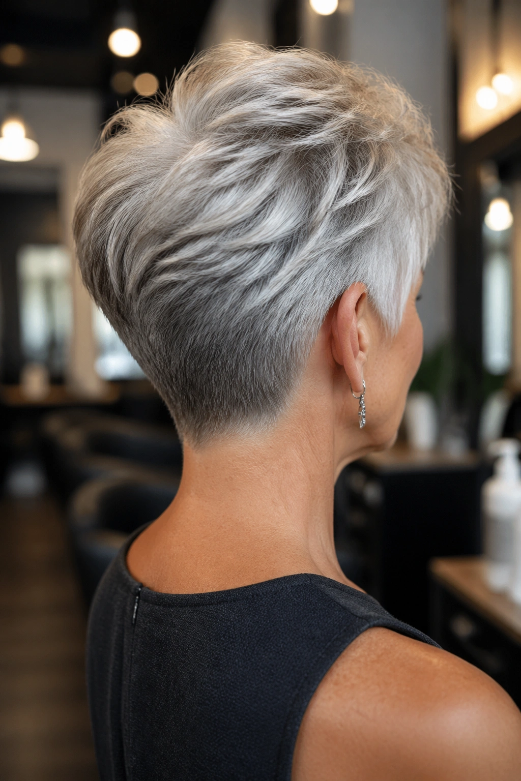 Portrait of a woman with a tapered pixie showing a clean nape in salon lighting.