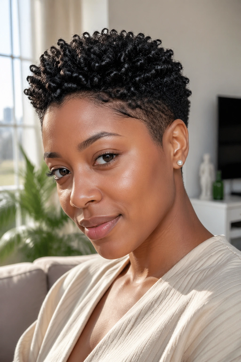 Close-up portrait of a real woman with a tapered pixie and defined coils.