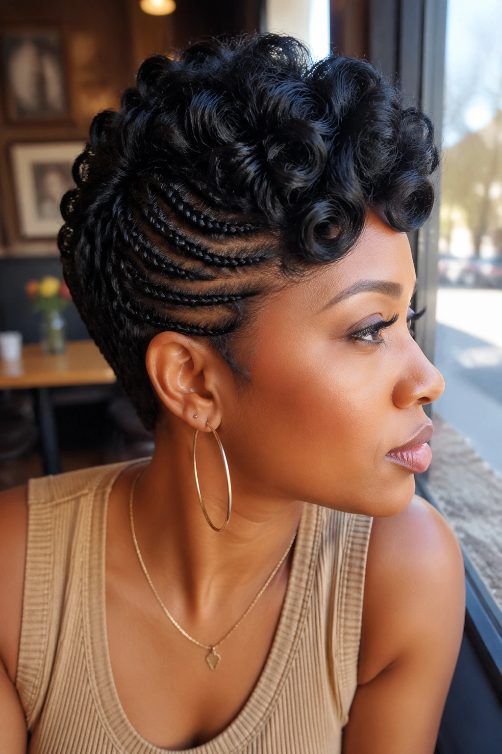 Close-up side portrait of a person with a tapered pixie style crochet top and braided sides