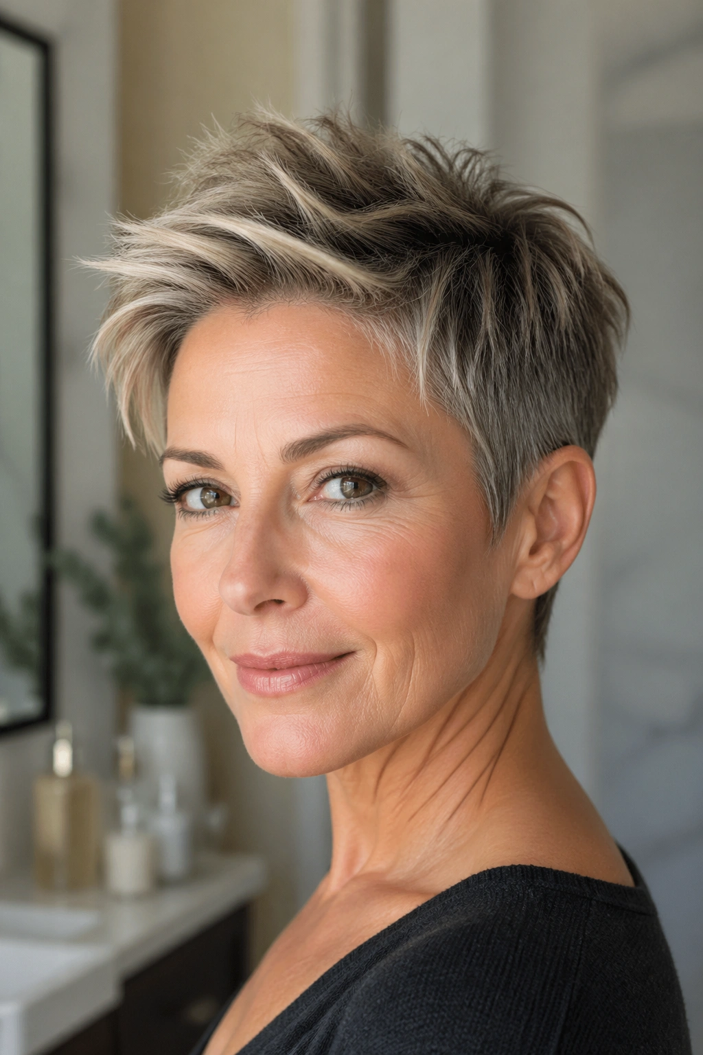 Close-up portrait of a real woman with a tapered pixie and longer crown in warm window light