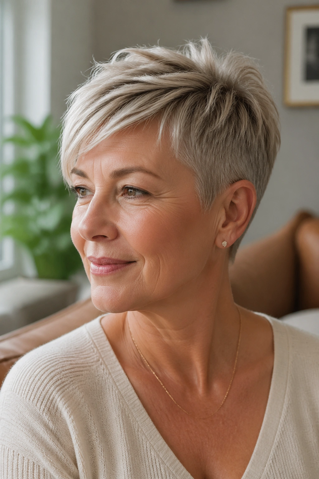 Close-up portrait of a mature woman with a tapered pixie cut