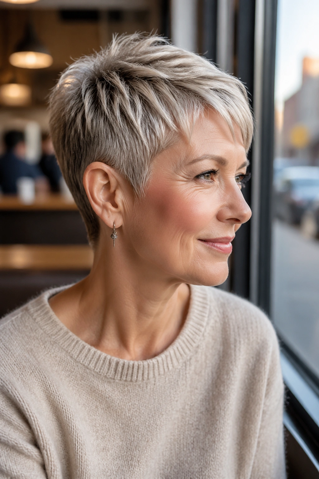 Close-up portrait of a woman with a tapered pixie hairstyle in natural daylight