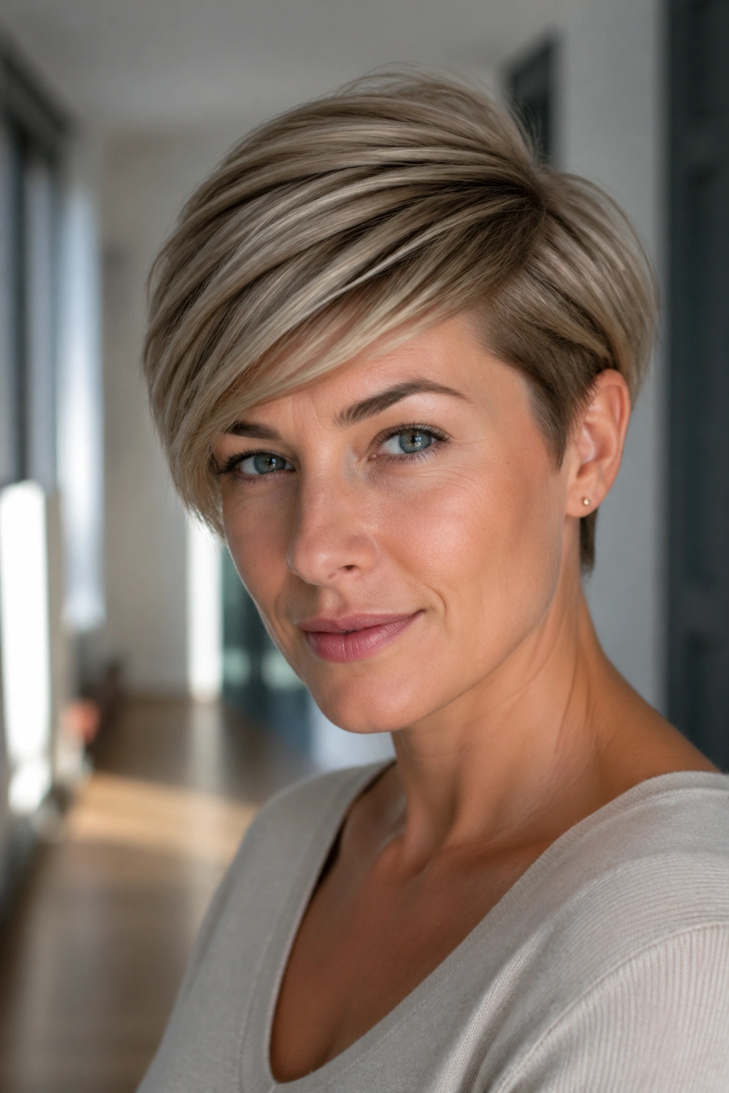 Close-up portrait of a real woman with tapered pixie and side-swept length in daylight