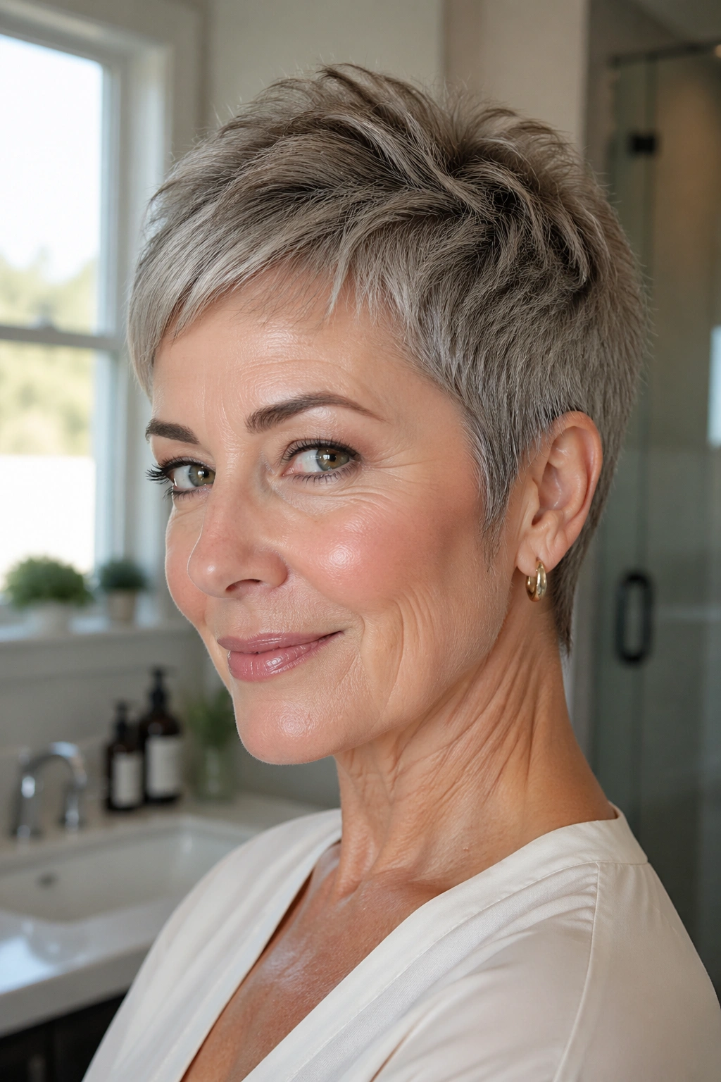 Close-up portrait of a woman with a tapered pixie and soft sideburns.
