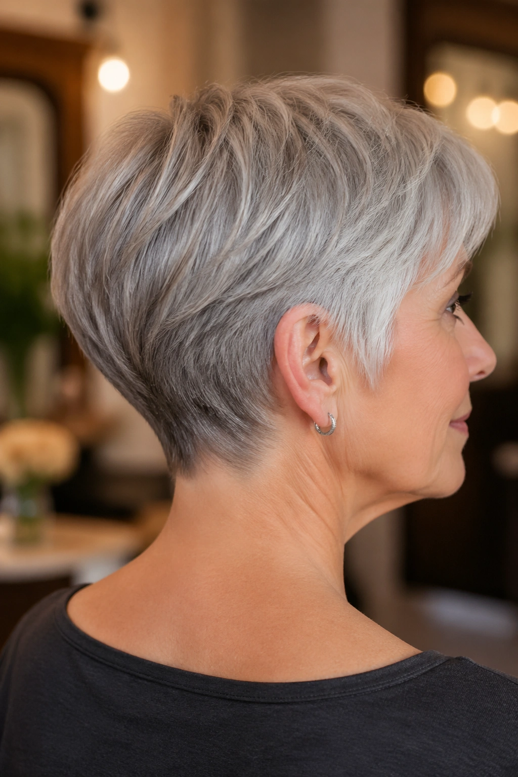 Back-nape tapered razor cut on a real woman in warm salon lighting.
