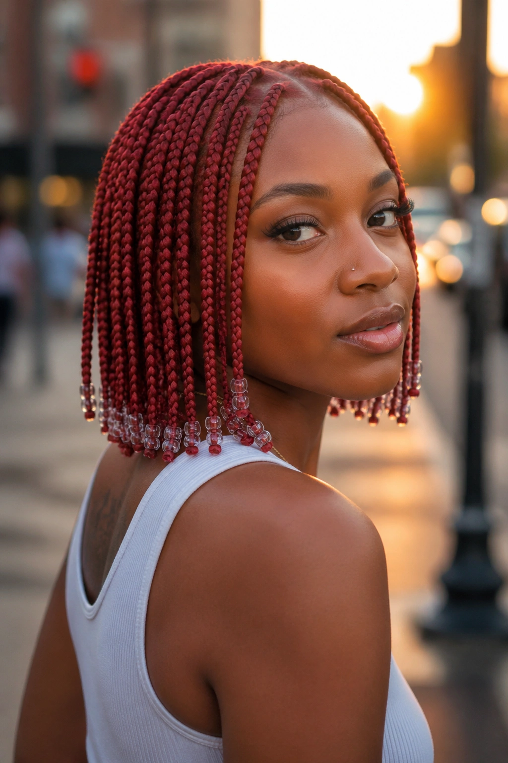 Close-up portrait of tapered red box braids with end-only beads on a real person outdoors
