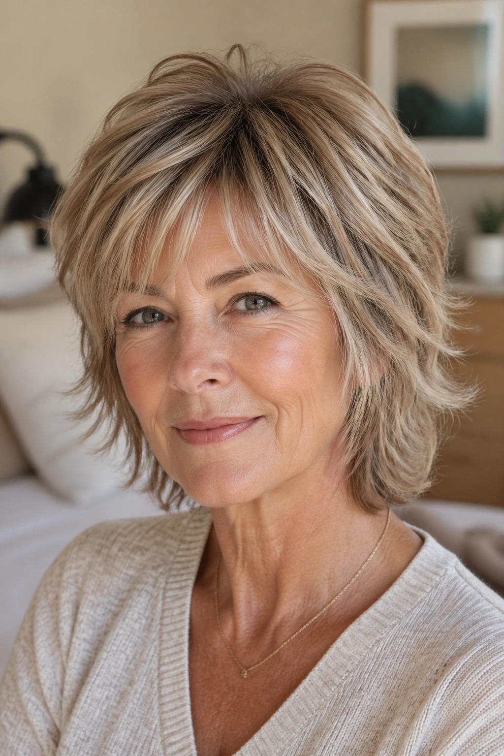 Close-up of real woman with tapered shag for fine hair