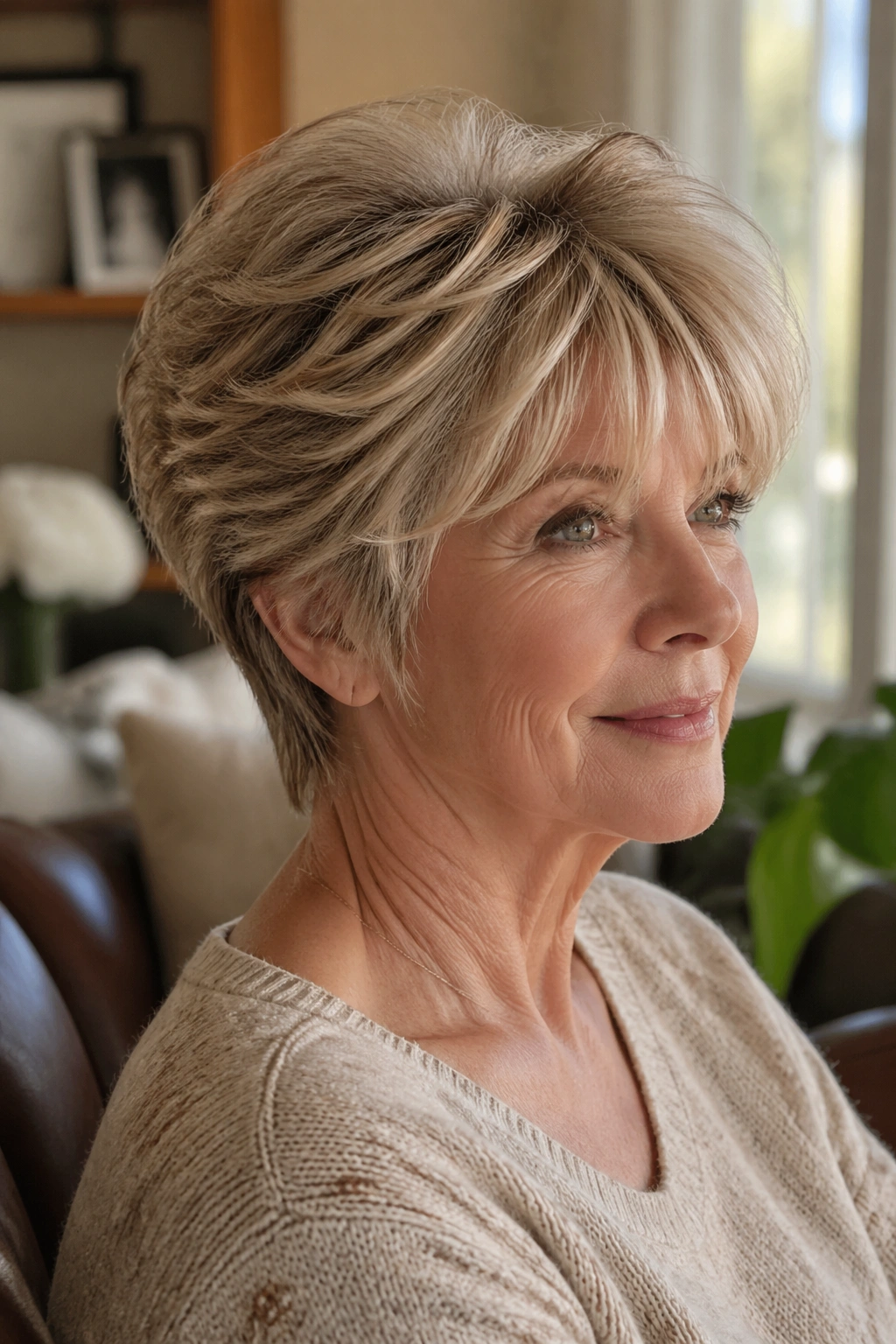 Close-up of an older woman showing a tapered shag with a tucked nape in a cozy living room.