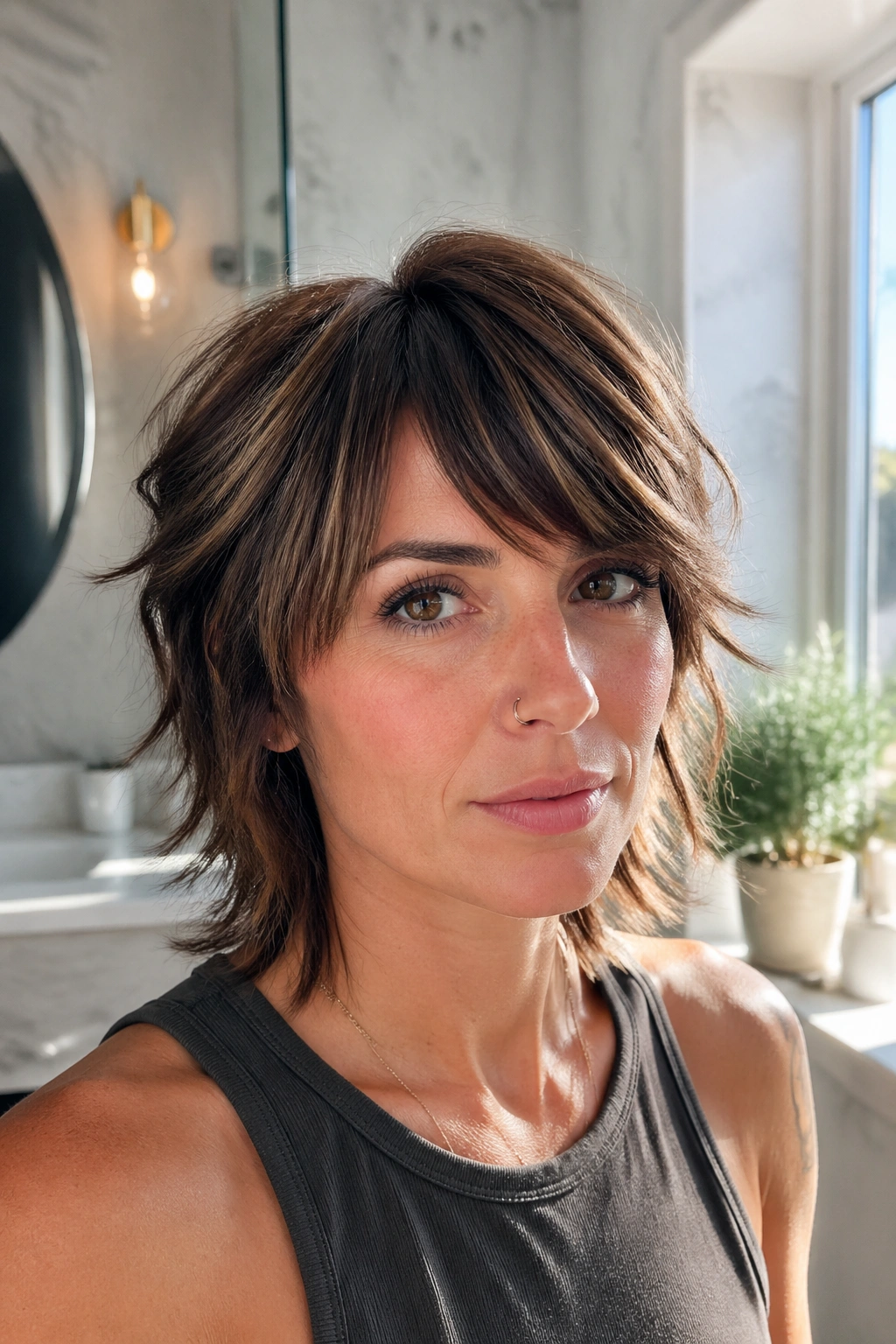 Close-up portrait of a woman with deep side part bangs in a tapered shag