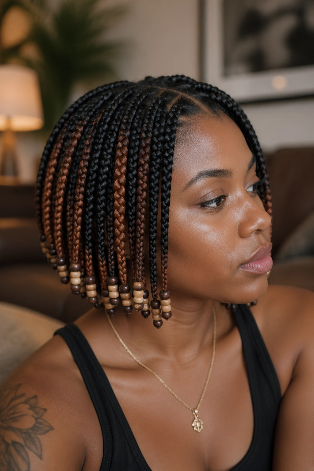 Close-up portrait of a real woman with tapered short braids and copper peekaboo, beads.