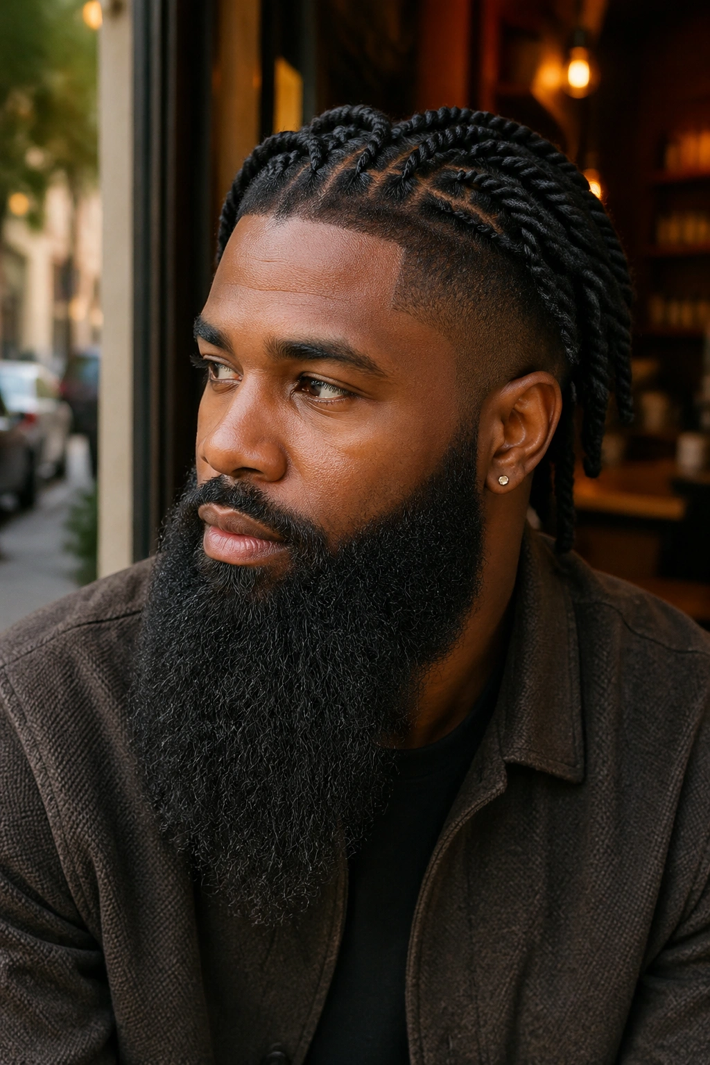 Close-up of a man with tapered twists and a prominent beard in a cafe setting