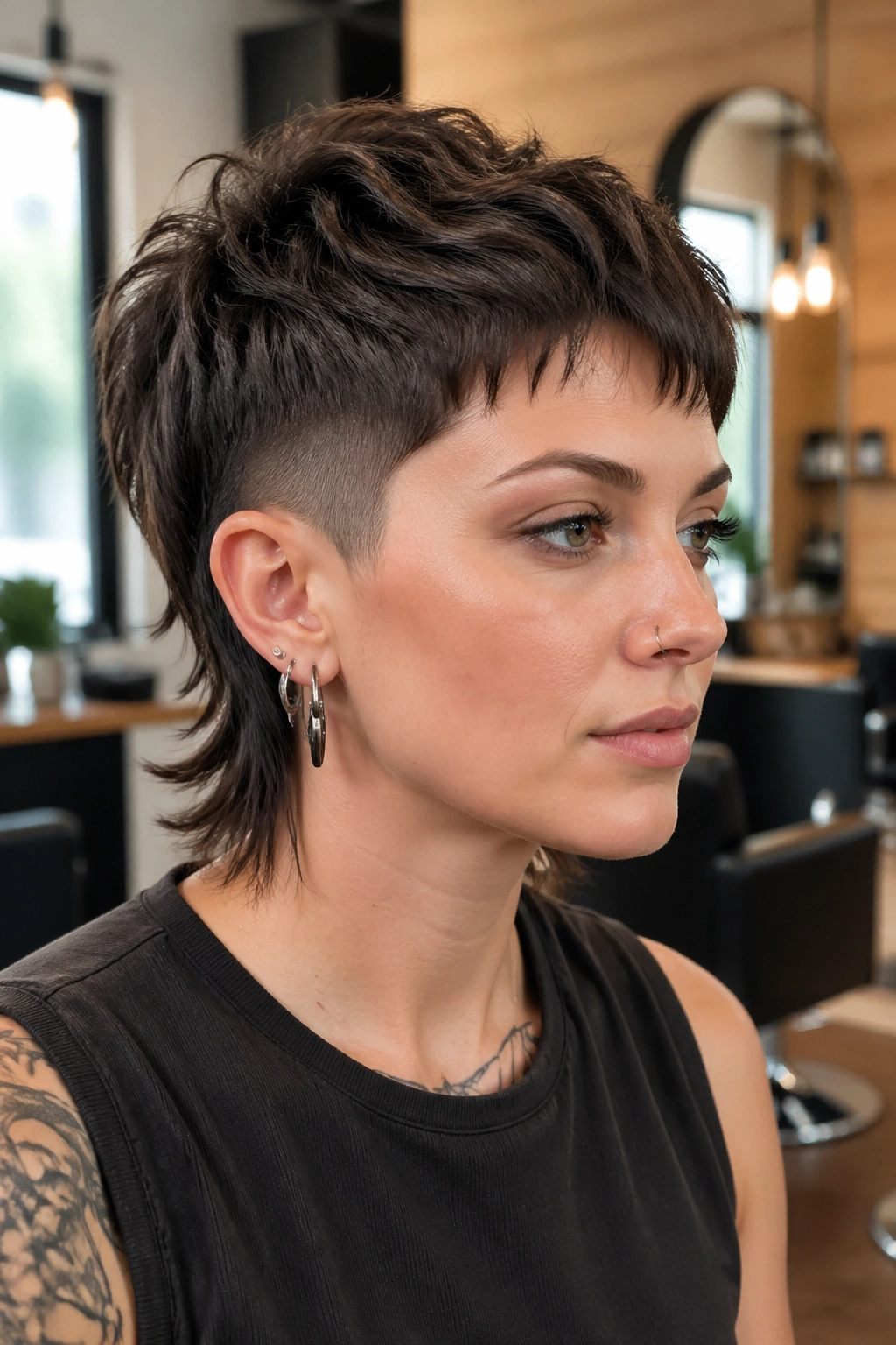 Close-up of a real person with a tapered undercut pixie mullet in a salon setting