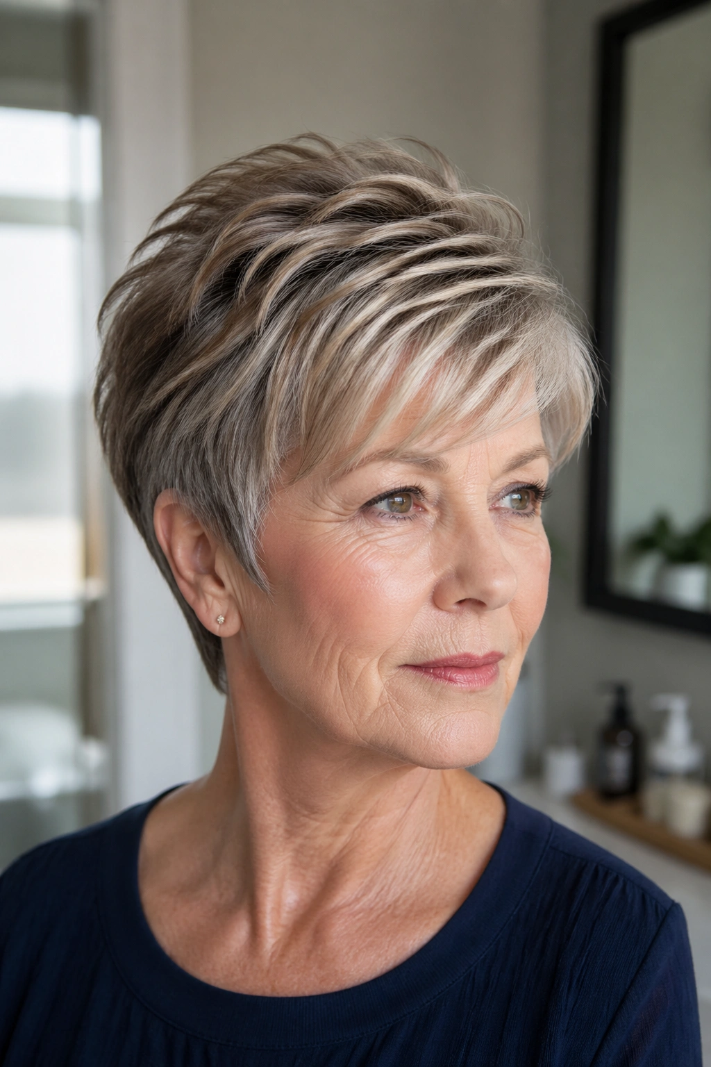 Close-up of a real woman with tapered wedge for fine hair showing lift at crown