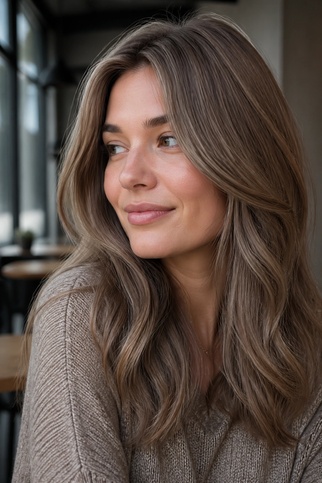 Portrait of a person with Taupe Brown hair in cool beige-gray tones.
