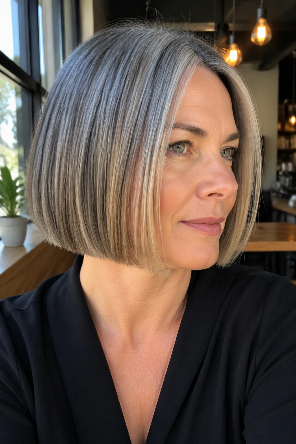 Close-up portrait of a real woman with a blunt chin-length bob showing taupe panels.