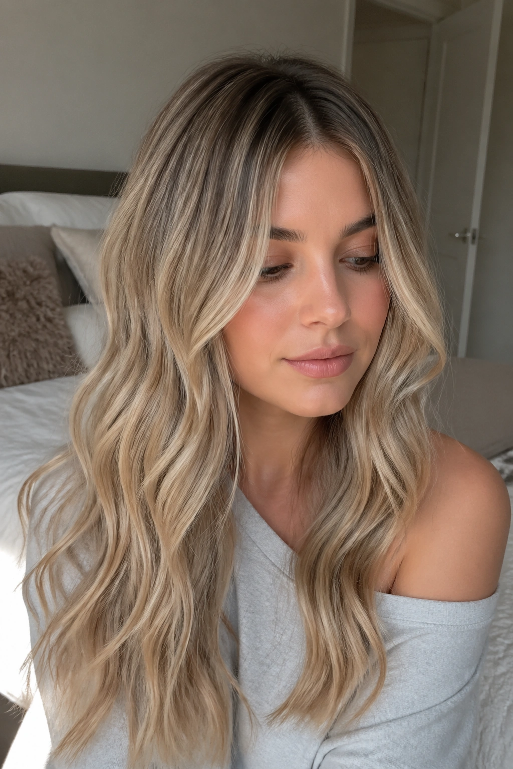 Close-up portrait of a real woman with taupe shadow-root blonde hair.