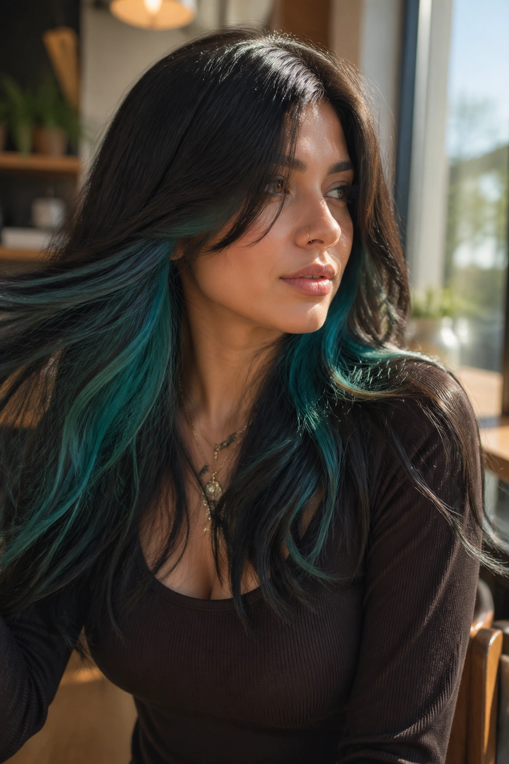 Close-up portrait showing teal peekaboo layers under long hair