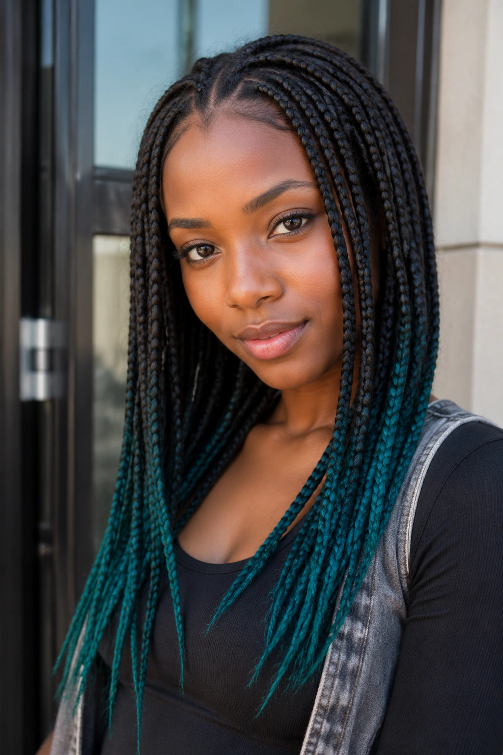 Portrait of a person with teal tips ombré box braids