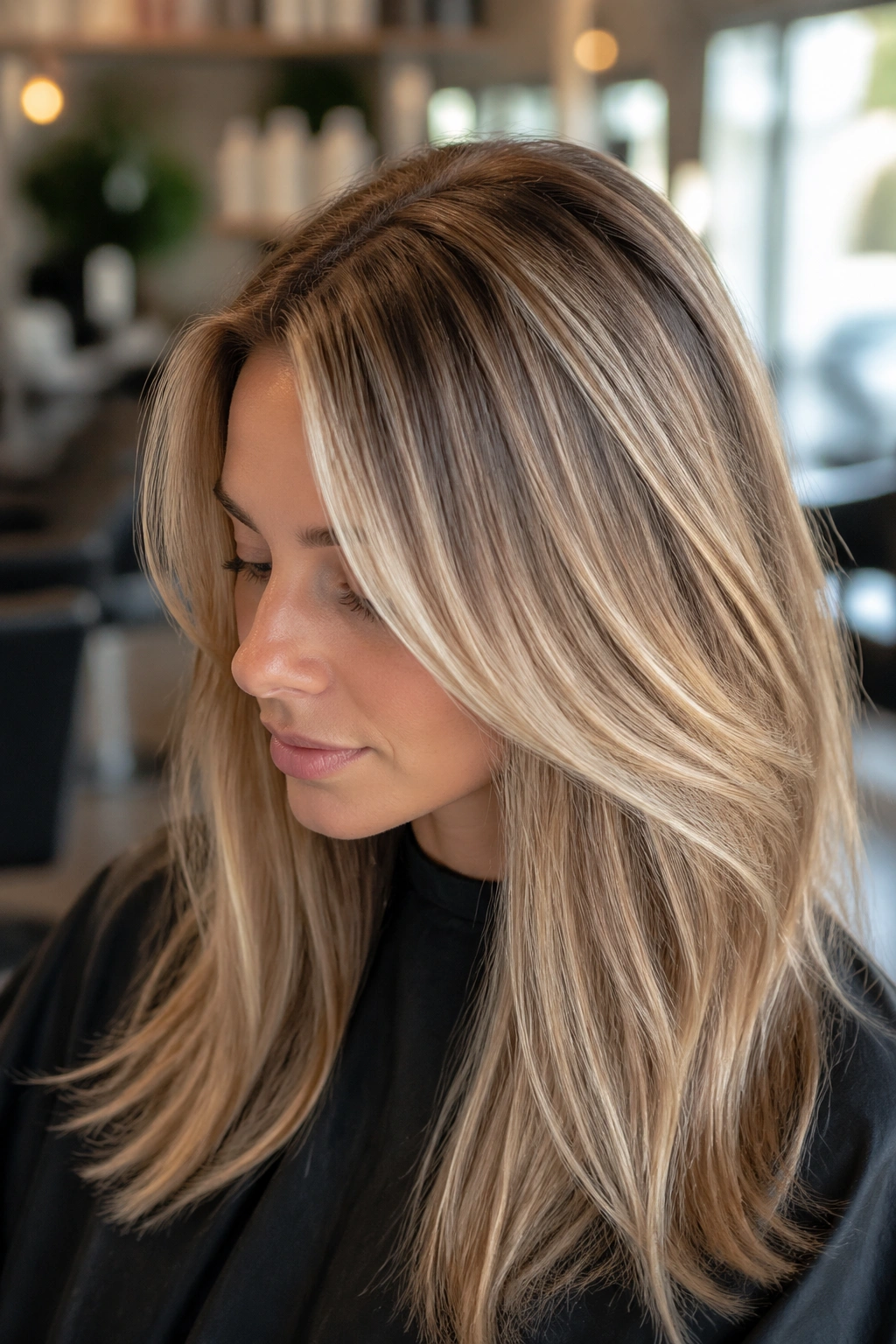 Close-up of teasylights on real hair in a salon, teased crown with diffused highlights