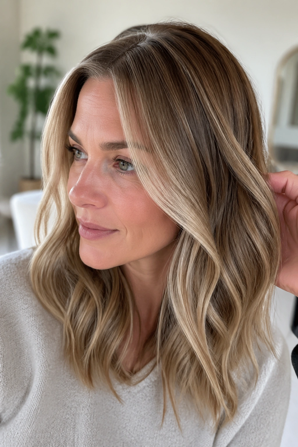 Medium close-up of a woman showing soft teasylight highlights around the face with diffused root lift.