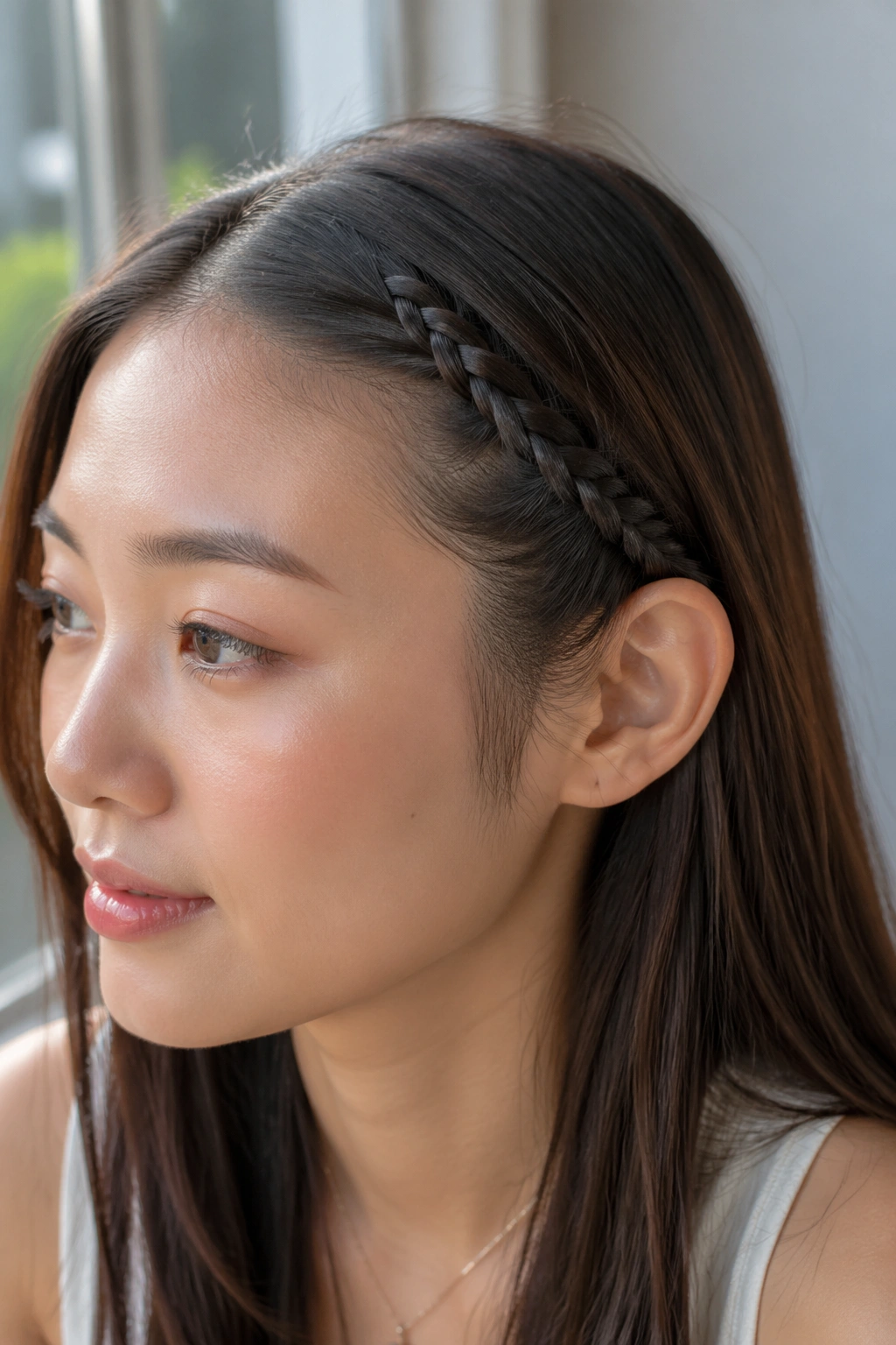 Close-up of a real person with a temple braid tucked behind the ear