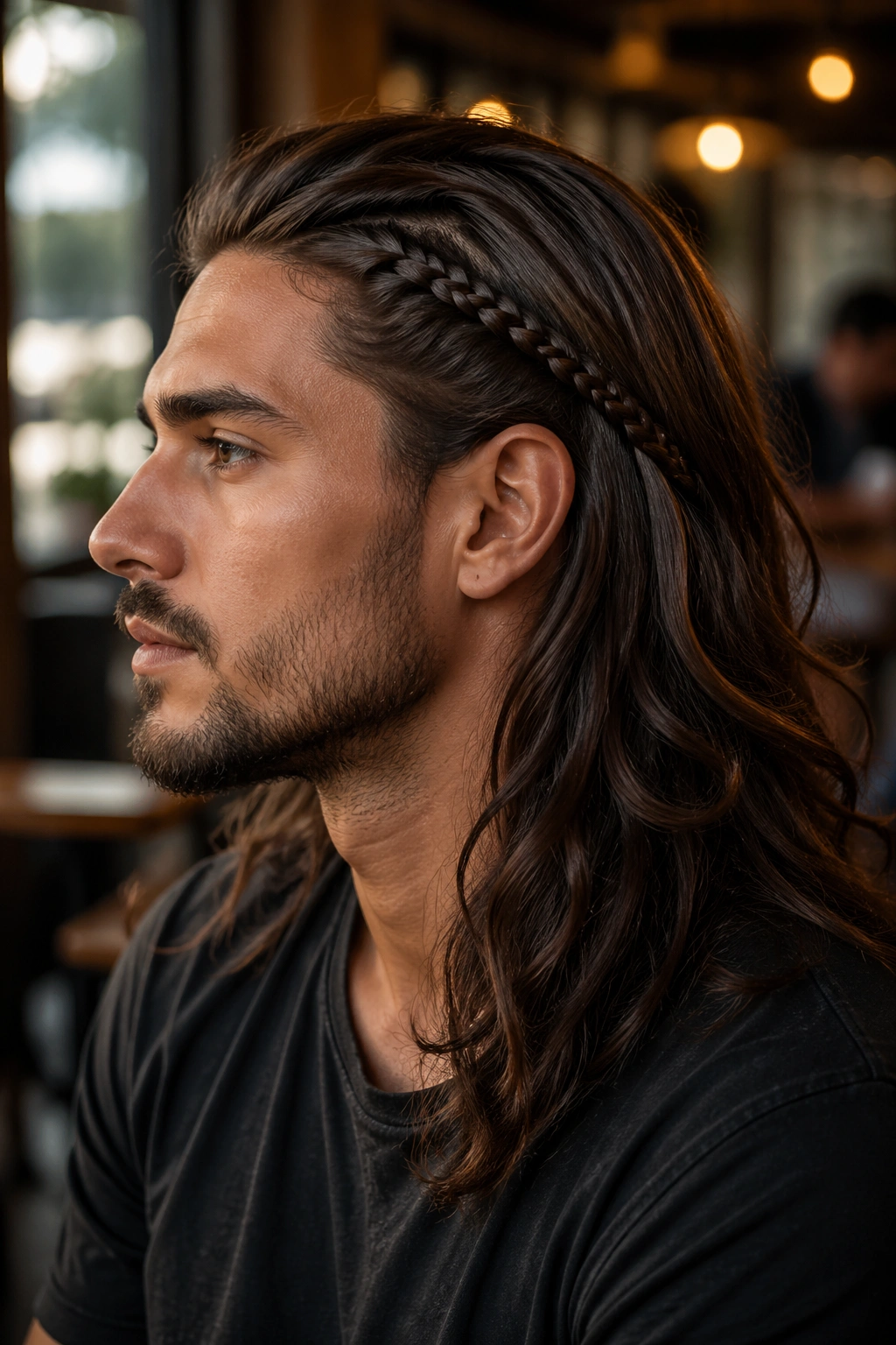 Profile portrait of a man with a slim temple braid along the temple.