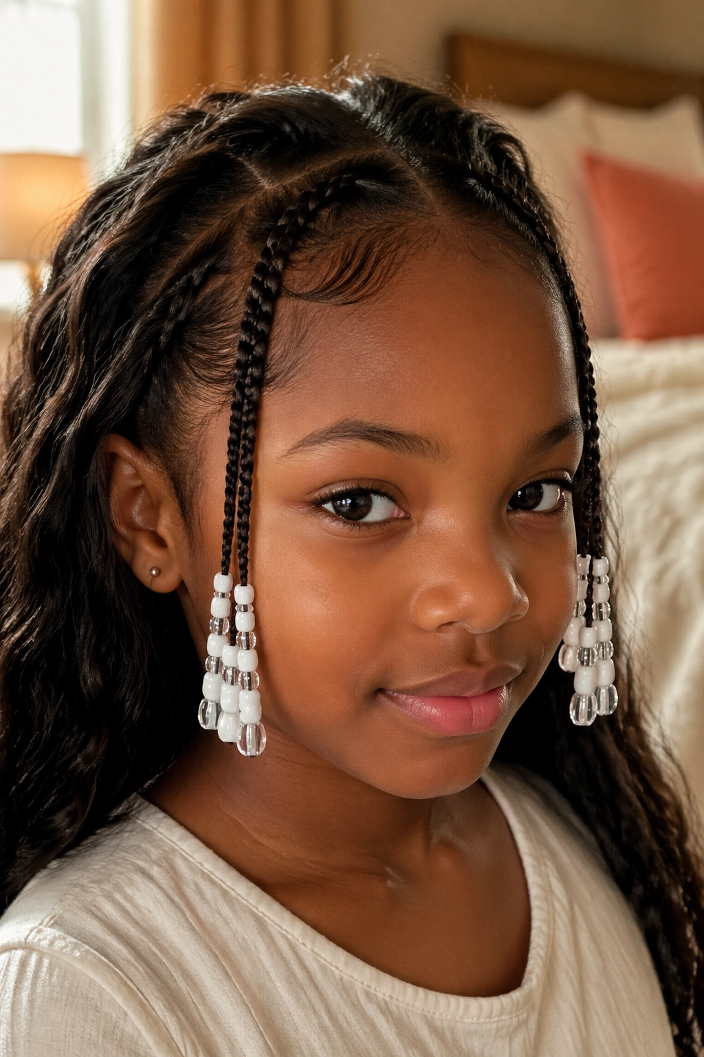 Child with temple braids and beaded fringe