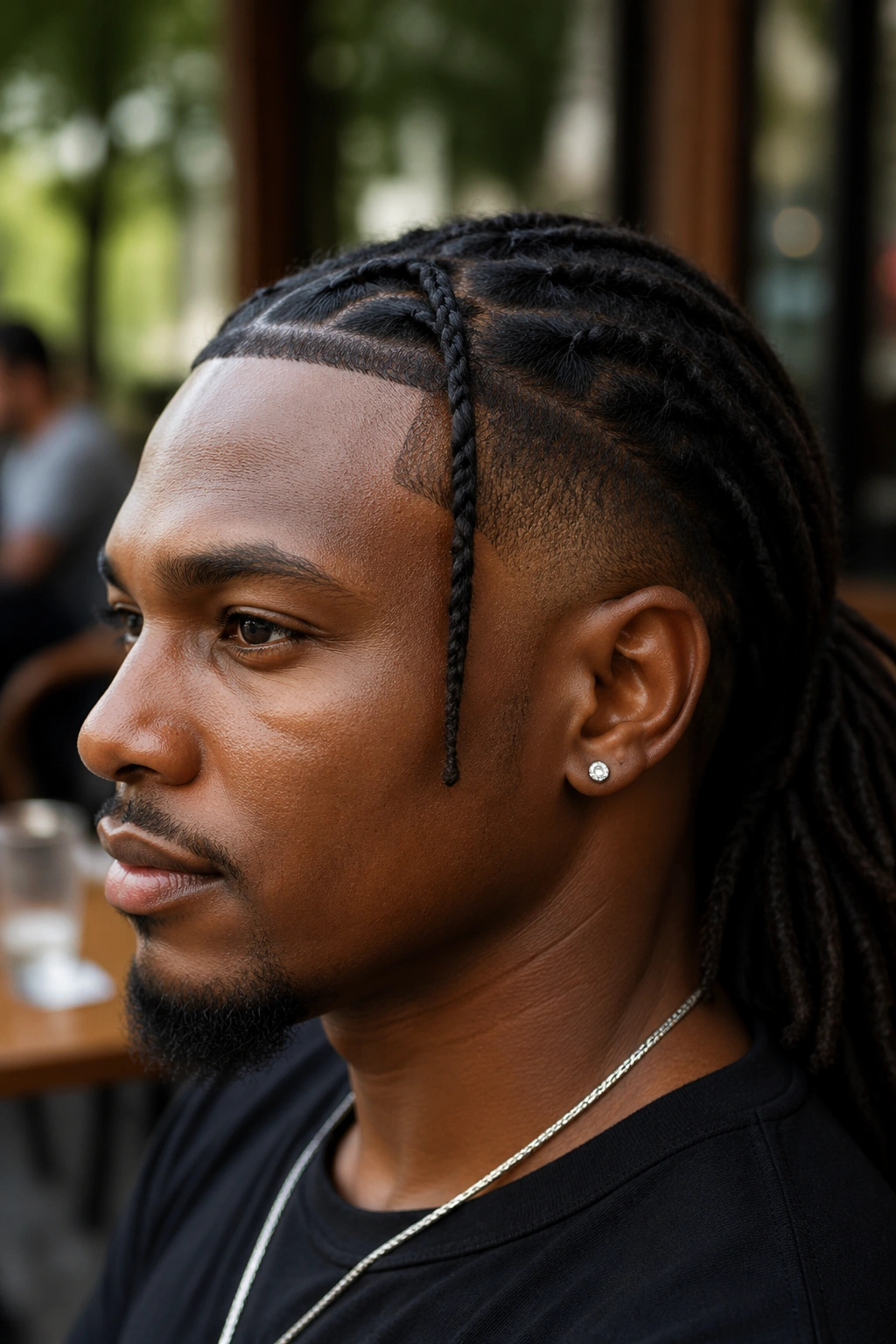 Close-up of a man with temple braids framing his face