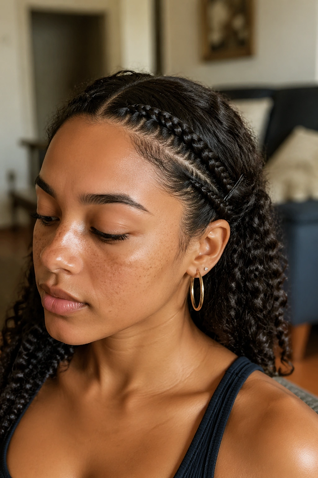 Close-up of a real person with temple braids pinned back behind the ears