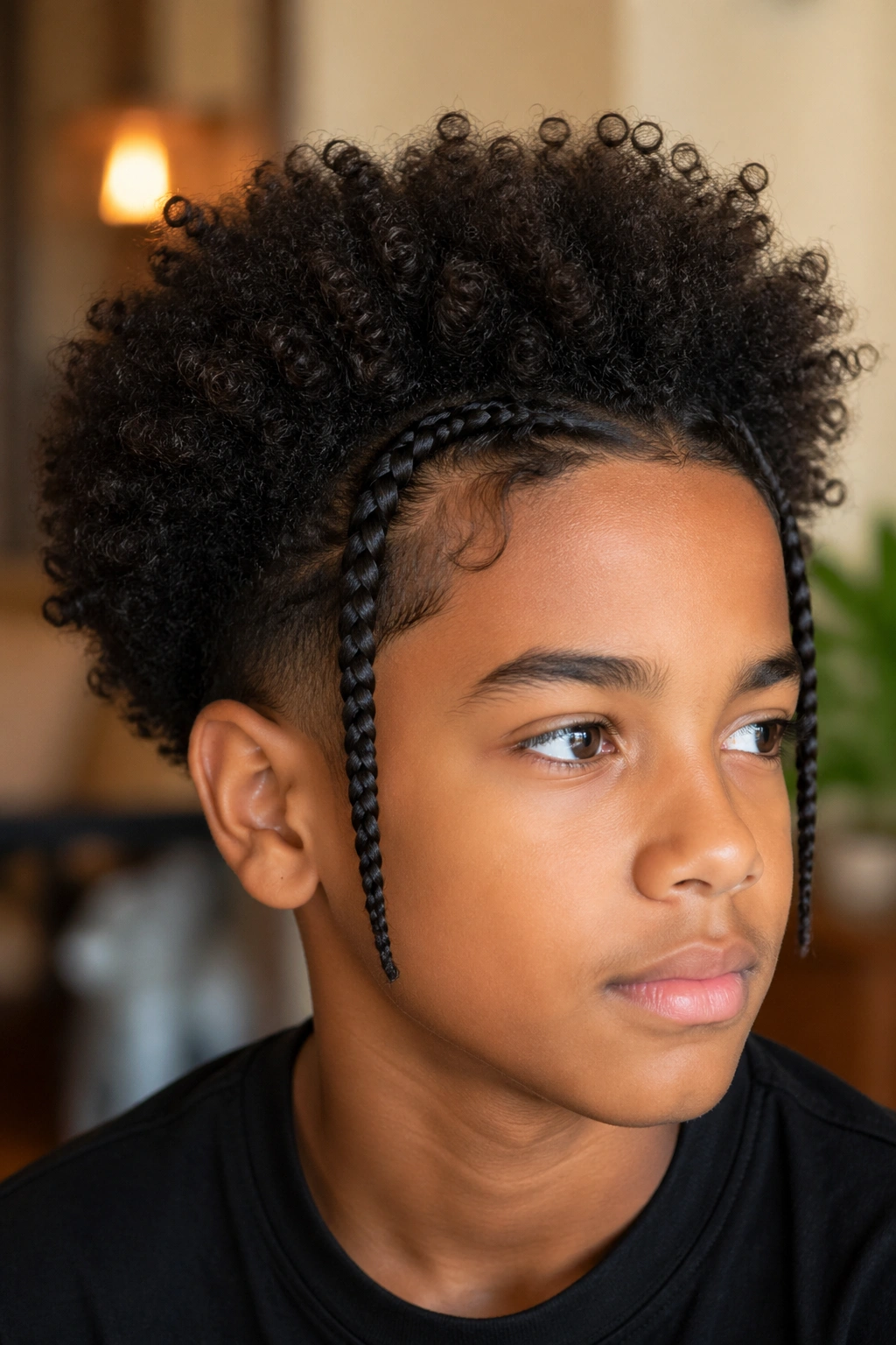 Close-up of a boy's head with temple braids and loose hair