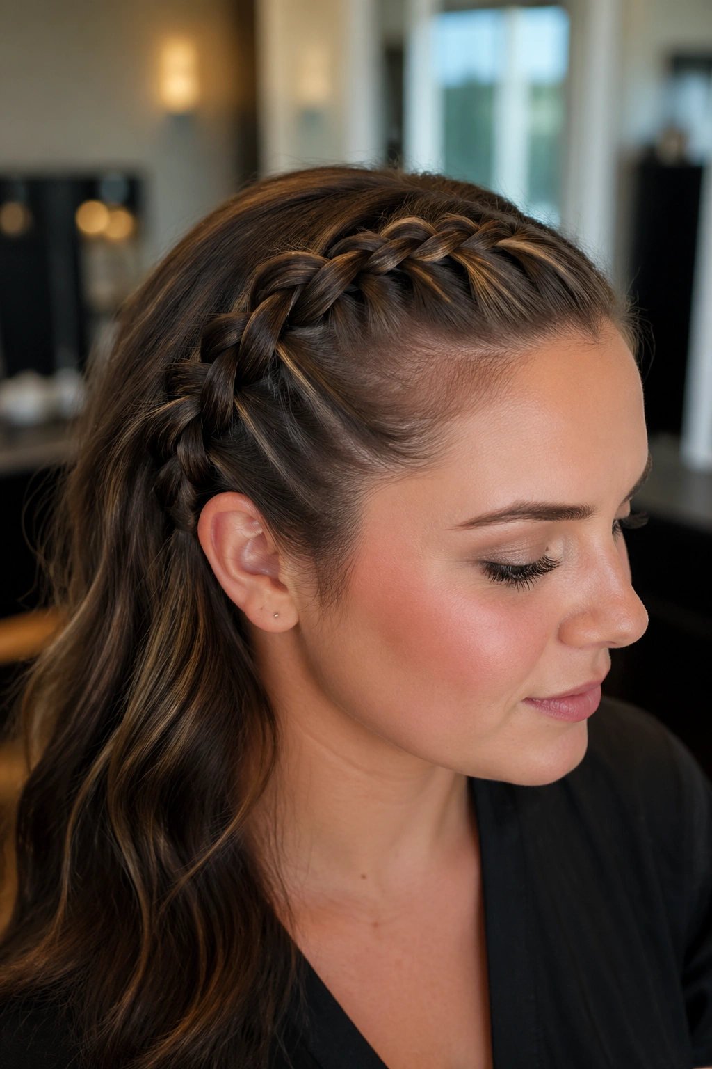 Close-up of a real person with a temple Dutch braid sweeping back along the head
