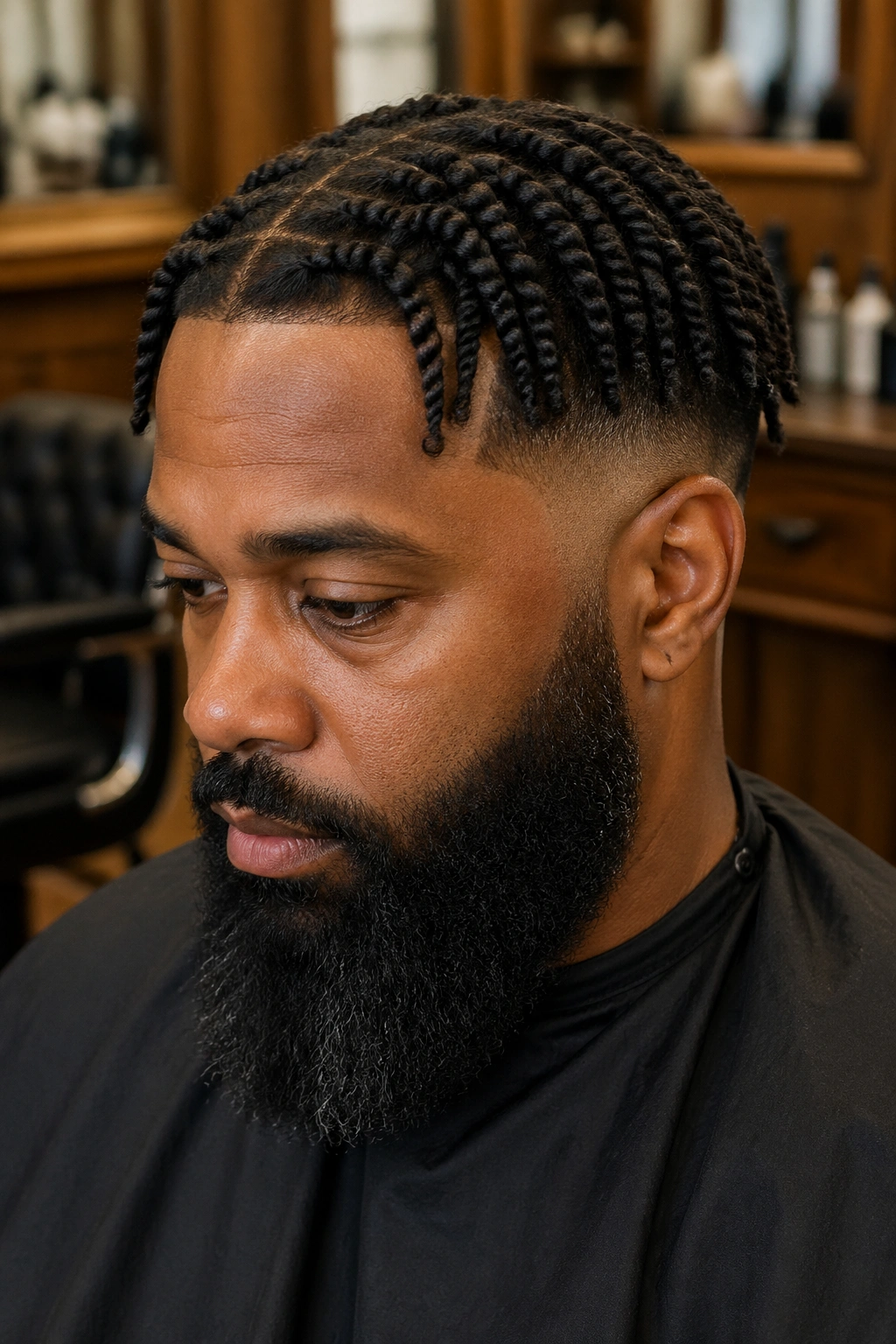 Man with twist braids and temple fade in a warm barbershop setting