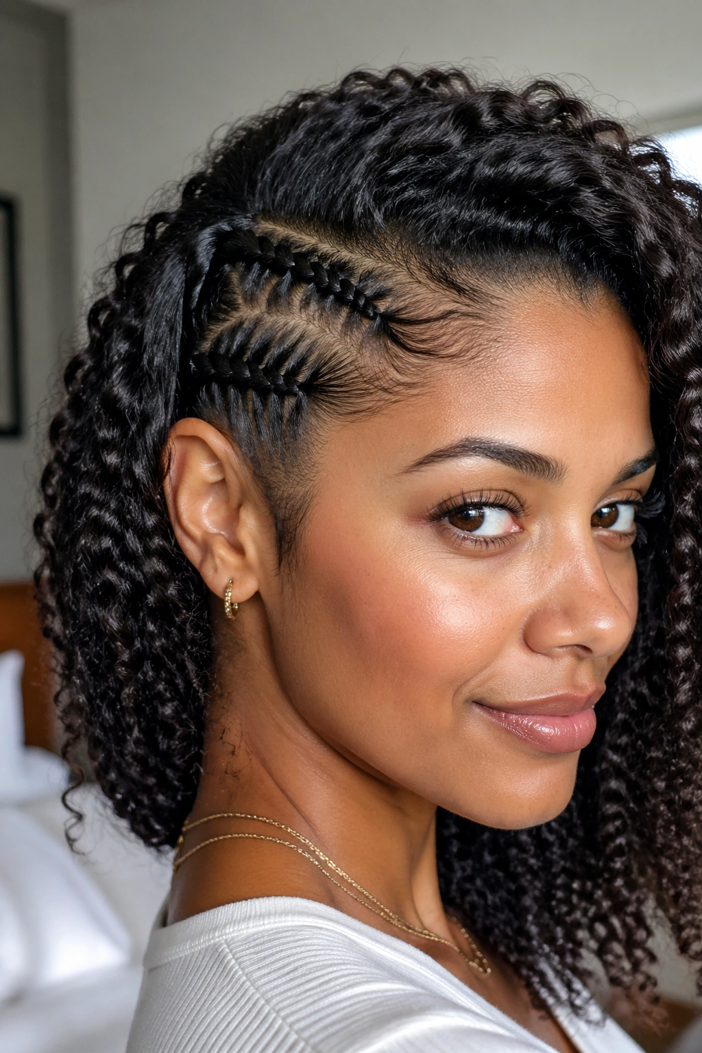Close-up portrait of a real woman with a temple-side lace braid and loose curls