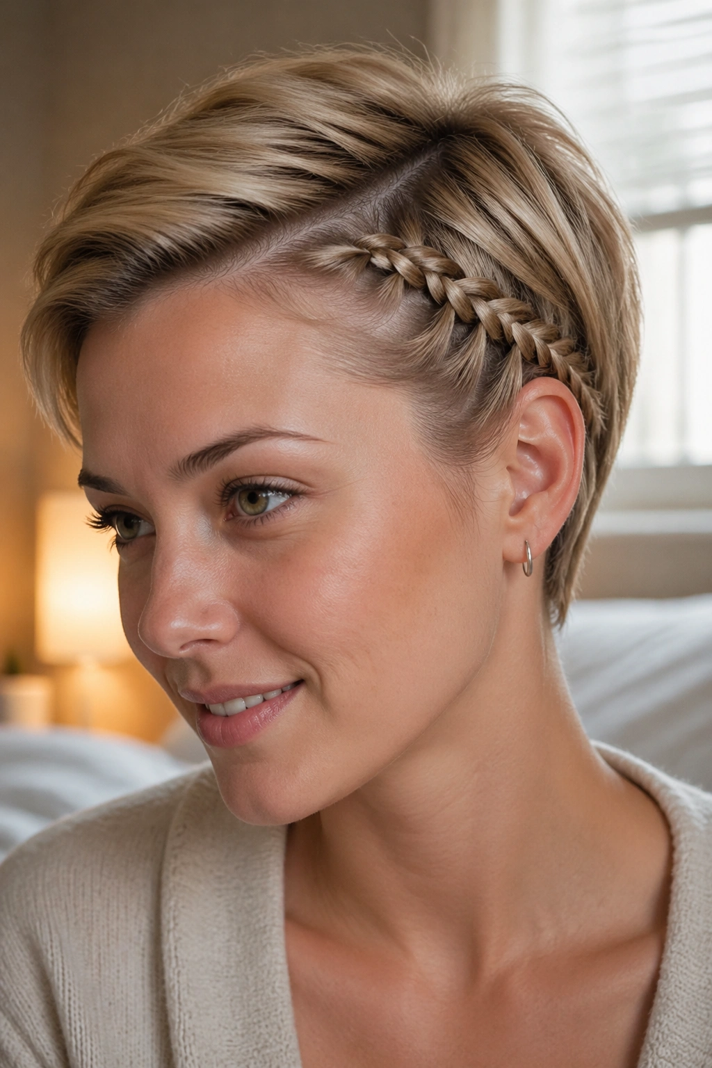 Close-up of temple trace braid along hairline on a real woman in warm window light