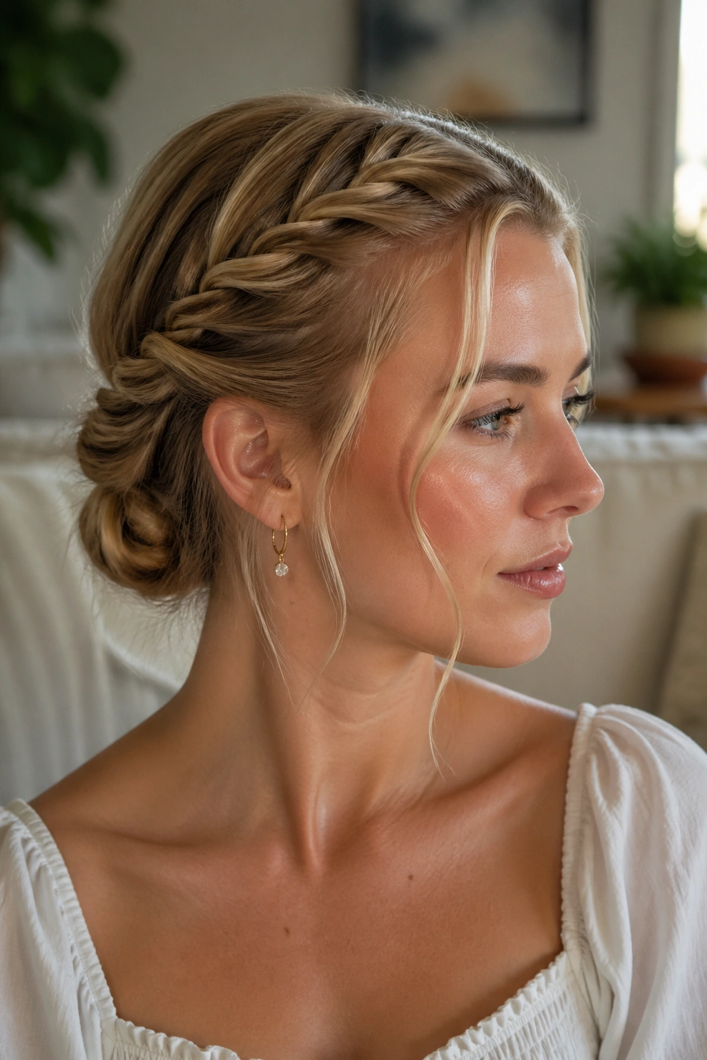 Close-up of a real woman with temple twists tucked into a nape knot