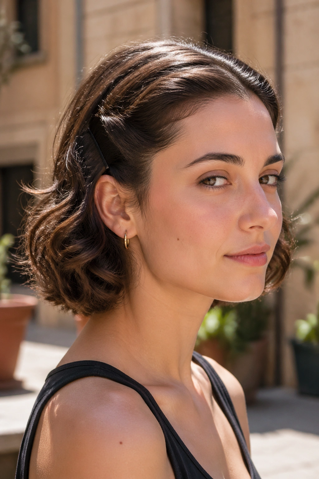 Close-up portrait of a real person with temple waves pinned back at the temples
