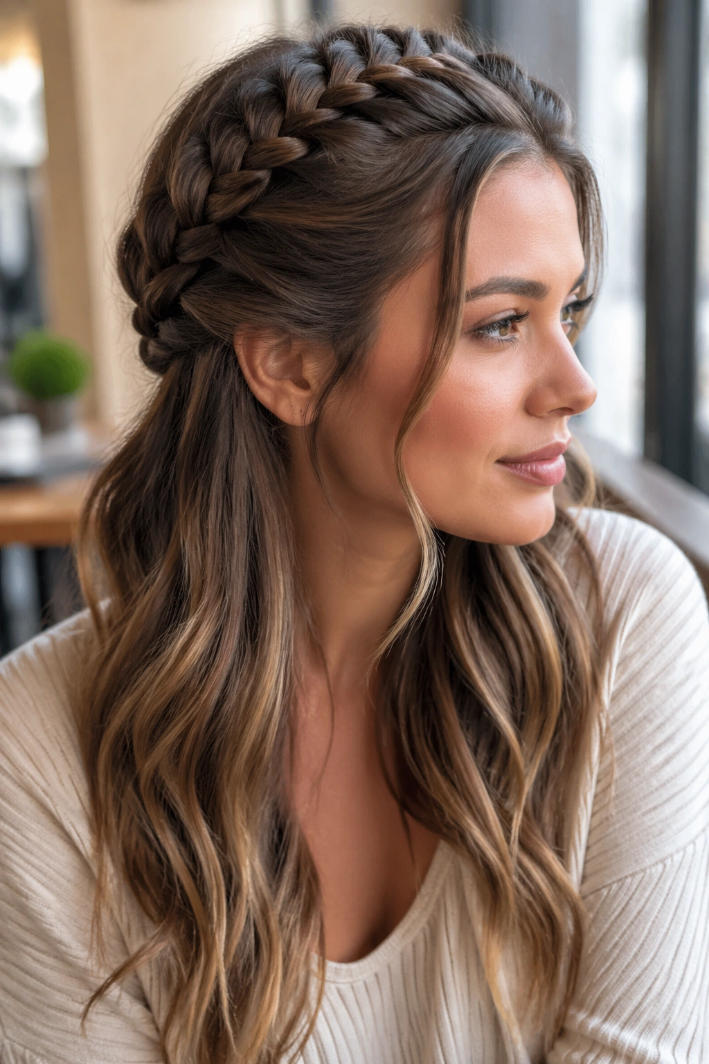 Real woman with a half-up Dutch braid and face-framing tendrils