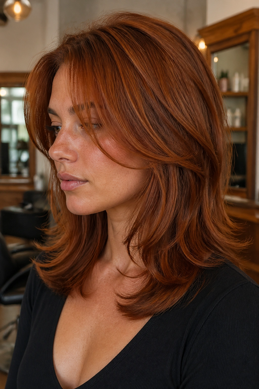 Real woman with terracotta midlength layered hair in warm setting