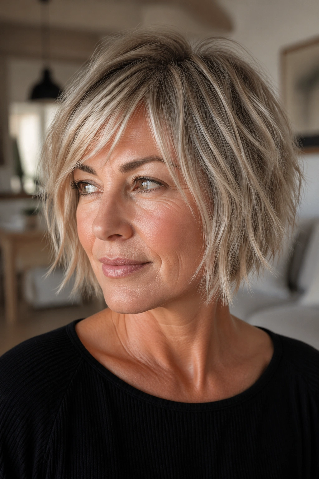 Close-up portrait of a real woman with a textured bob and choppy ends in natural light.