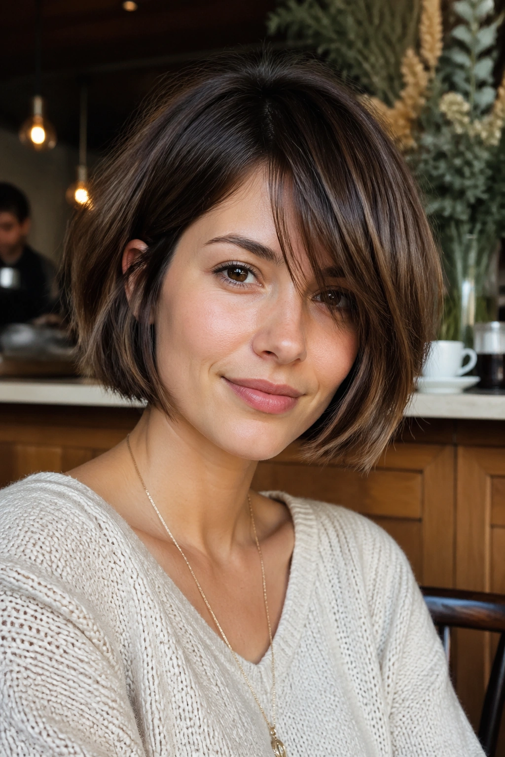 Portrait of a woman with a textured bob and side-part wisps in a cafe setting.
