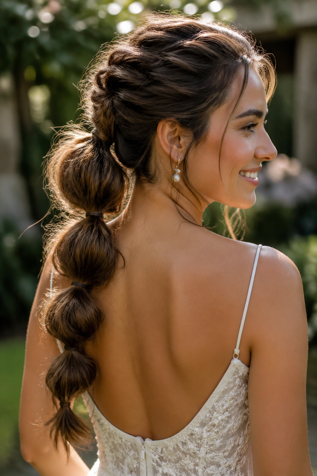 Close-up of a real bride with a textured bubble ponytail in garden light