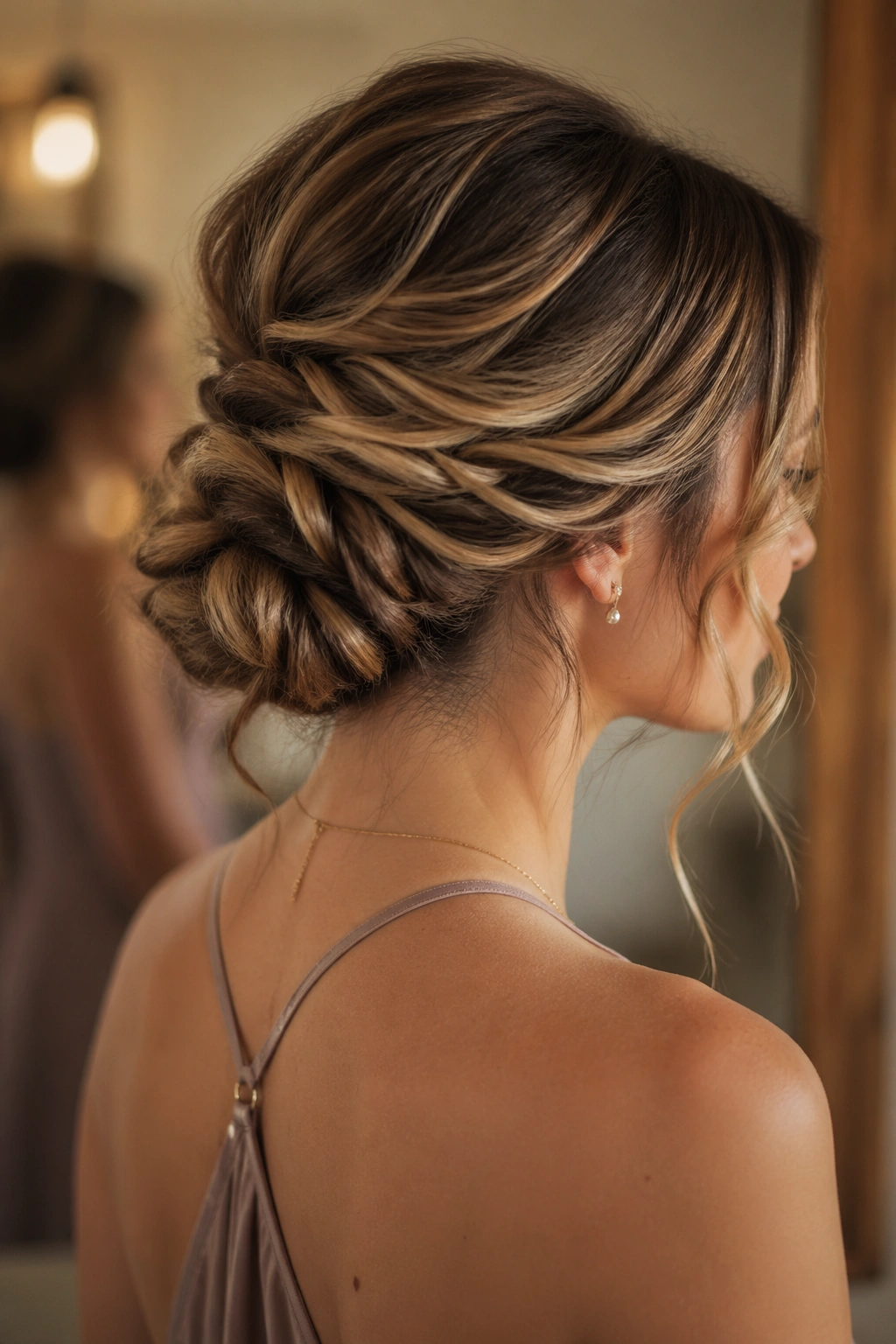 Close-up of a real woman with a textured chignon and loose ends