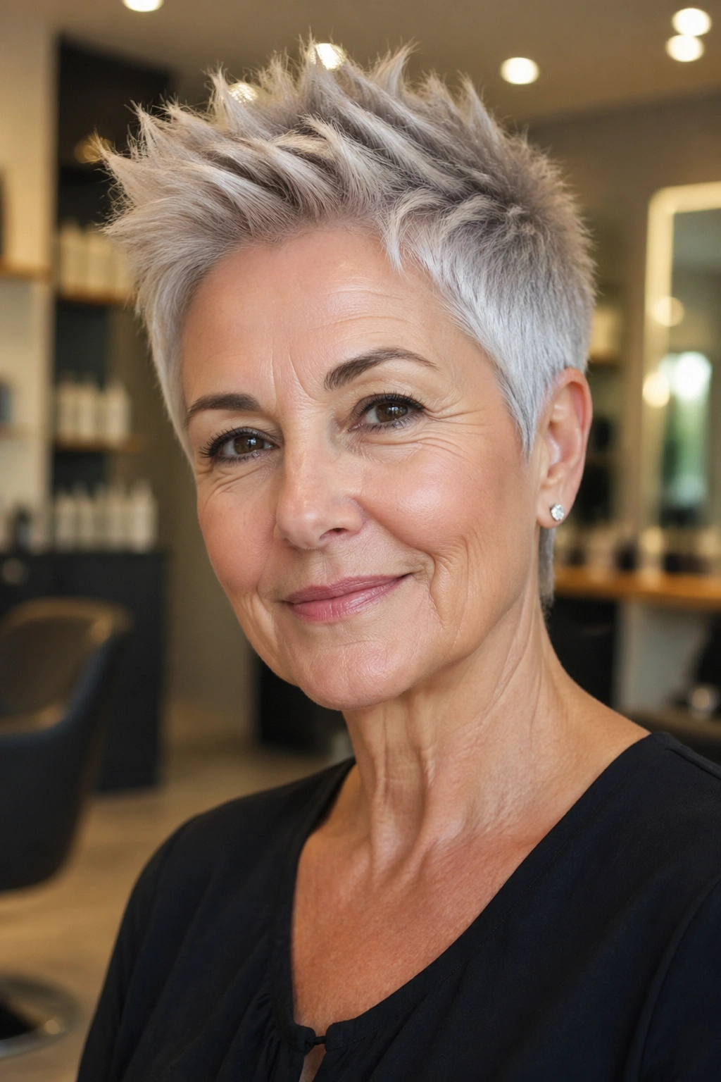 Close-up of a real woman with a short textured crop and crown lift